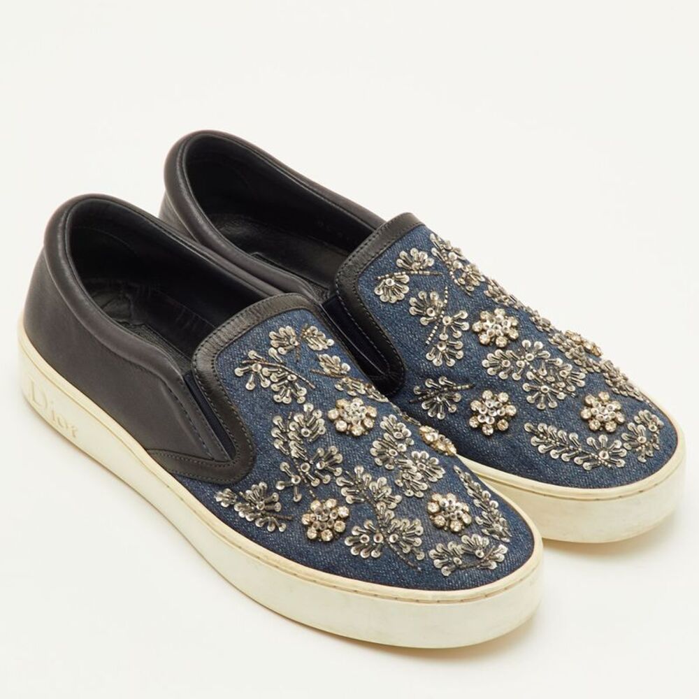 Dior Happy Size 38 Black/navy Blue Leather And Denim Crystal Embellished Slip - Picture 4 of 7